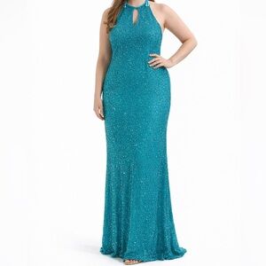Scala Turquoise Sparkling Sequin Halter Gown Maxi Dress Women’s Size XL NWT